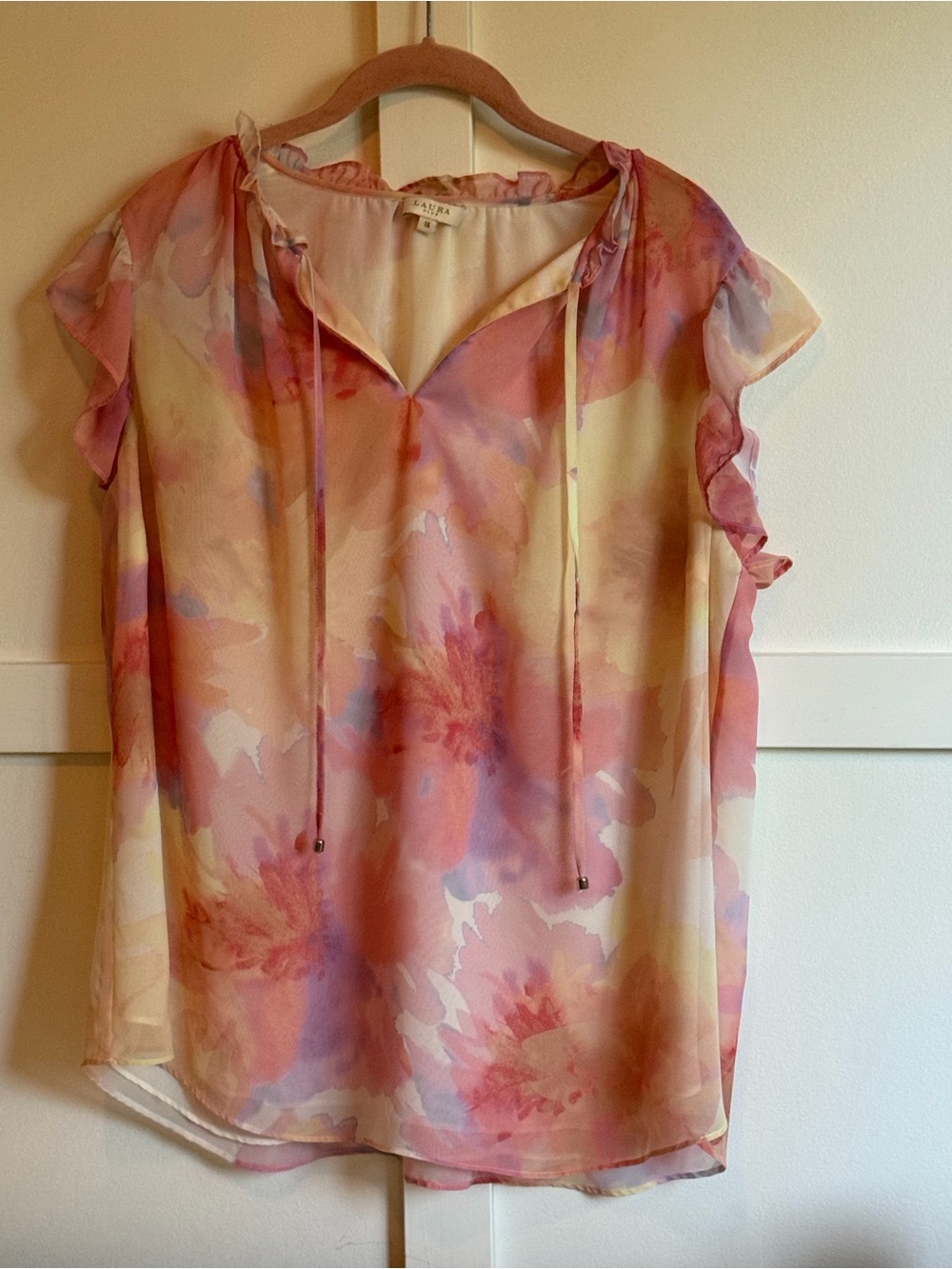 Size 16 - Watercolor Floral Tie-Neck Ruffle Sleeve Blouse - Pink